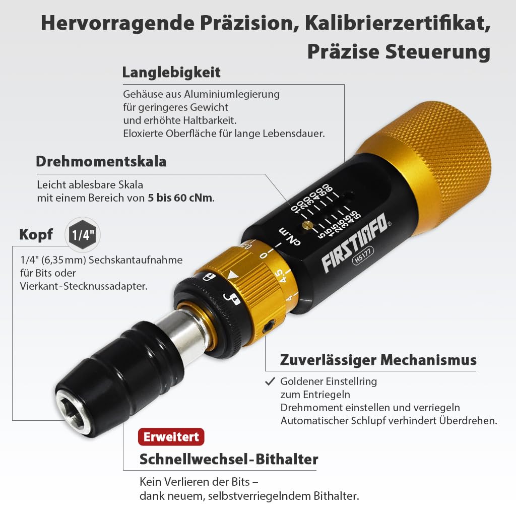 FIRSTINFO Drehmomentschraubendreher 0,05-0,6 Nm 1/4" Hex H5177