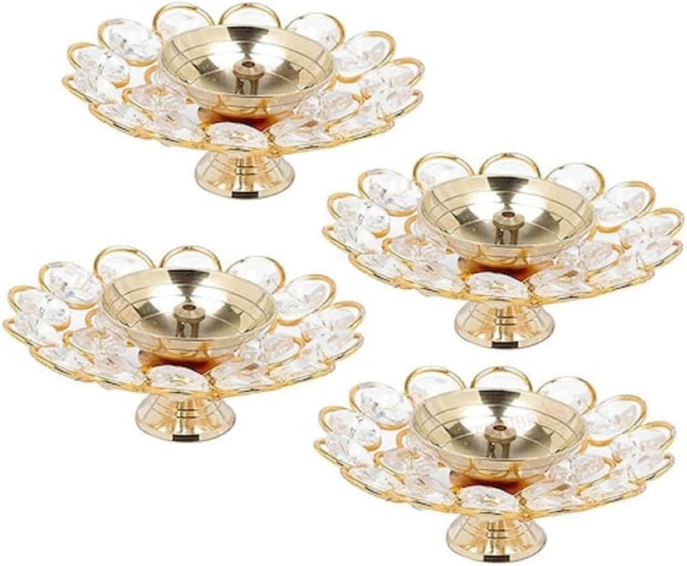Antique Metal Crystal Akhand Diya Oil Lamp for Puja Room Mandir,Tea Light Holder Decor, Decorative Diyas,for Temple,Diyas (4)