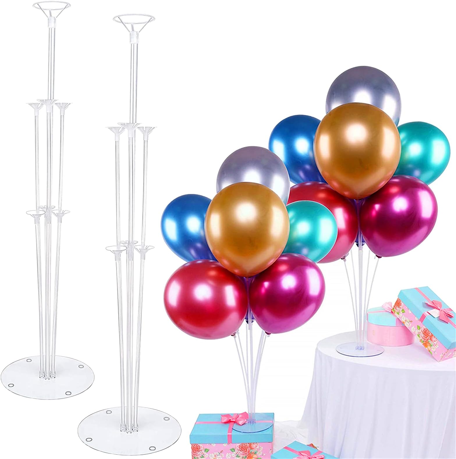 Balloon Stand Balloon Sticks, 2 Pack 28" Height Reusable Clear Balloon Stand Kit Including 14 Balloon Holders, 14 Cups and 2 Base, Balloon Decoration for Wedding Birthday Party