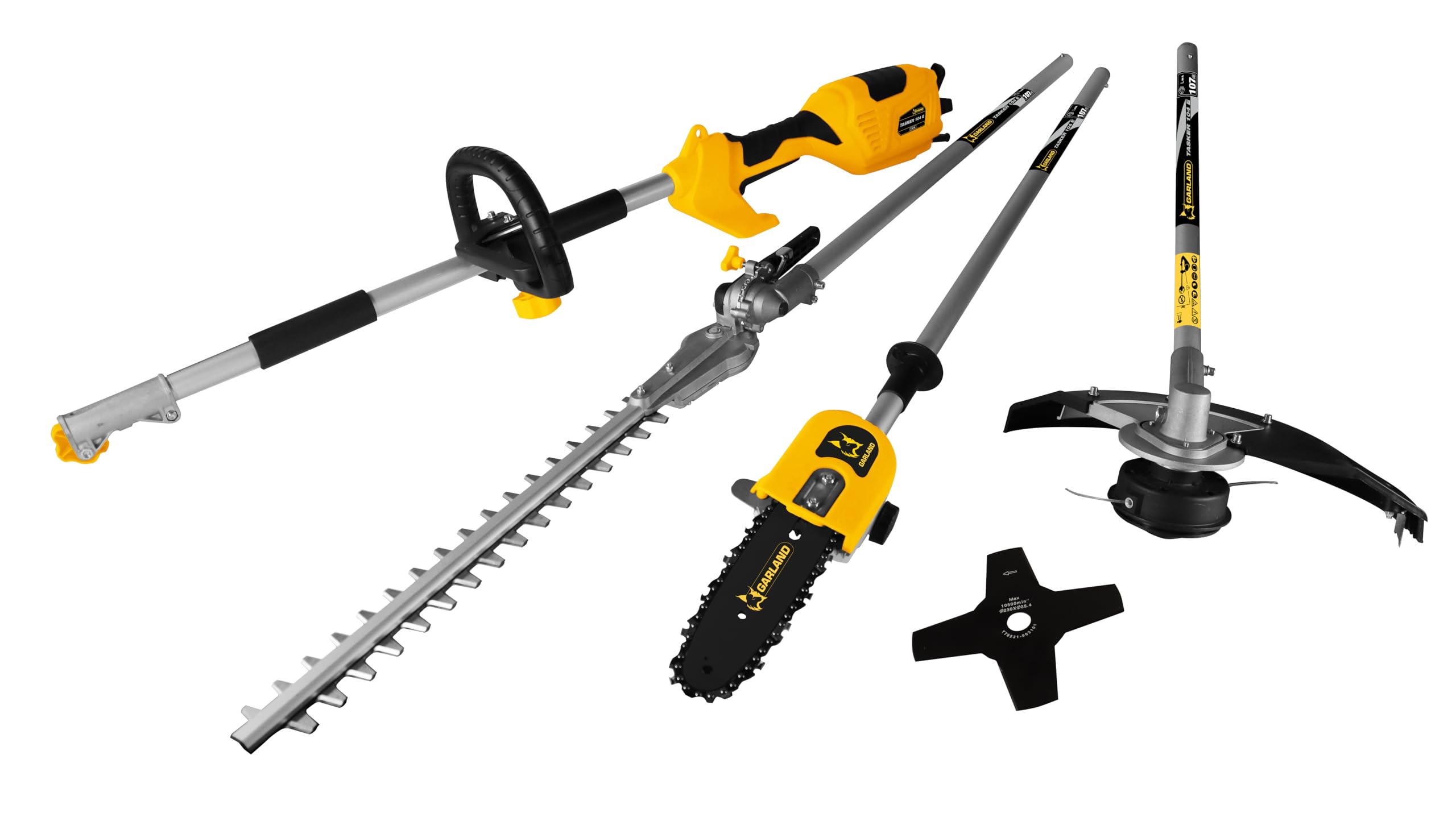 GARLAND DESBROZADORA ELÉCTRICA MULTIFUNCIÓN 1000W Tasker 104 E-V25 | 4 EN 1 con Cortasetos, Sierra DE PÉRTIGA, Disco E Hilo | Ligera Y Potente para JARDINERÍA DOMÉSTICA