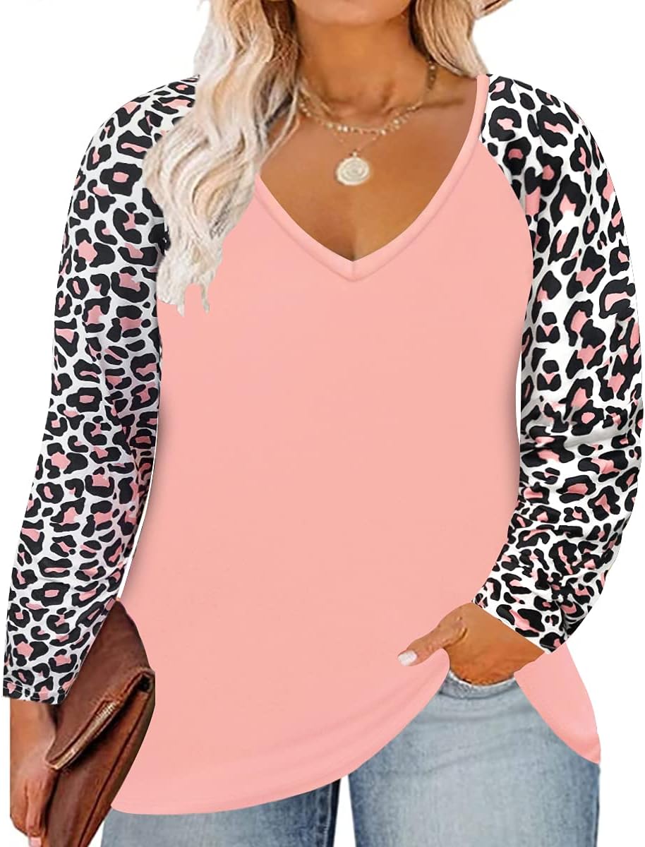 TIYOMI Plus Size Tops for Women Raglan Long Sleeve V Neck T Shirts Casual Color Block Leopard/Floral Tops Winter Tee Shirt