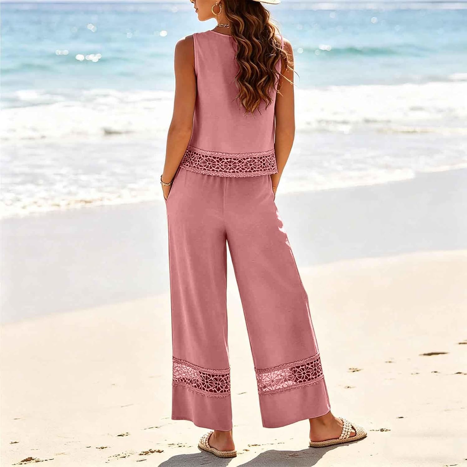 Women Lace 2 Piece Outfit Sleeveless Round Neck Tank Top and Wide Leg Pants with Pockets Vacation Casual Summer Set