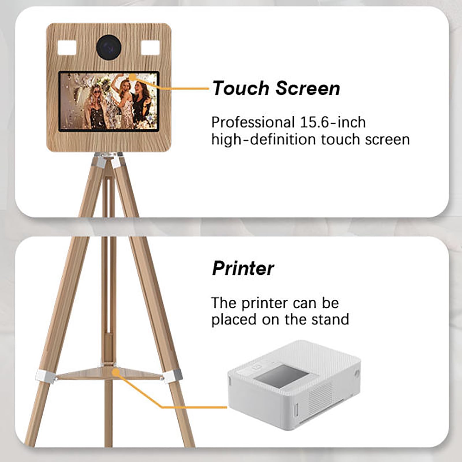 Macchina per cabina fotografica, specchio APP da 15,6 pollici con luce di riempimento, modalità di scatto multiple, supporta la stampa fotografica e la condivisione istantanea, sfondo fotografico