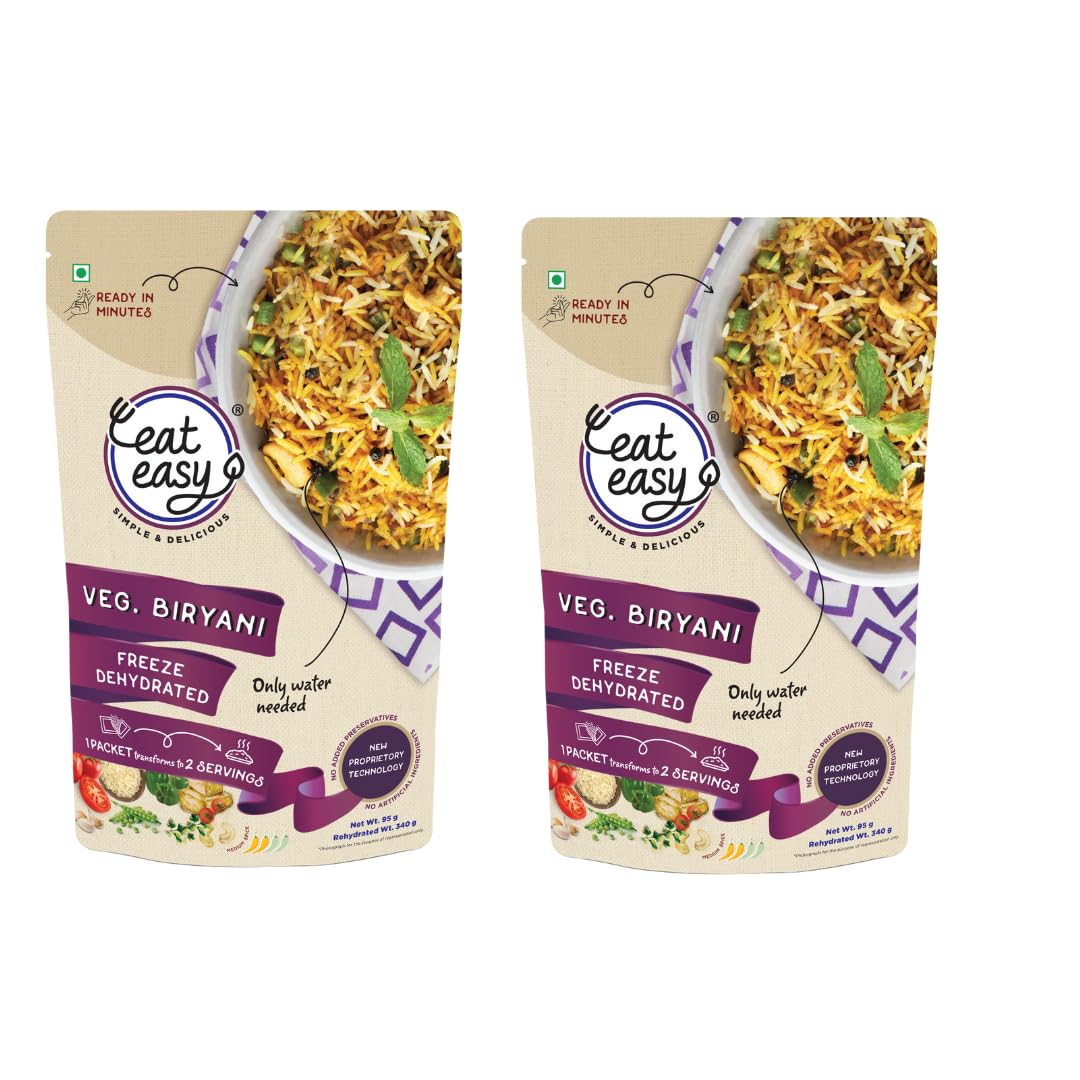 Eat Easy Ready To Eat Veg Biryani, 95gm of 1 Pack, Instant Food, Indian Meal, Travel Food, No Preservatives, No Added Artificial Colours & Flavours, Just Add Water and Cook