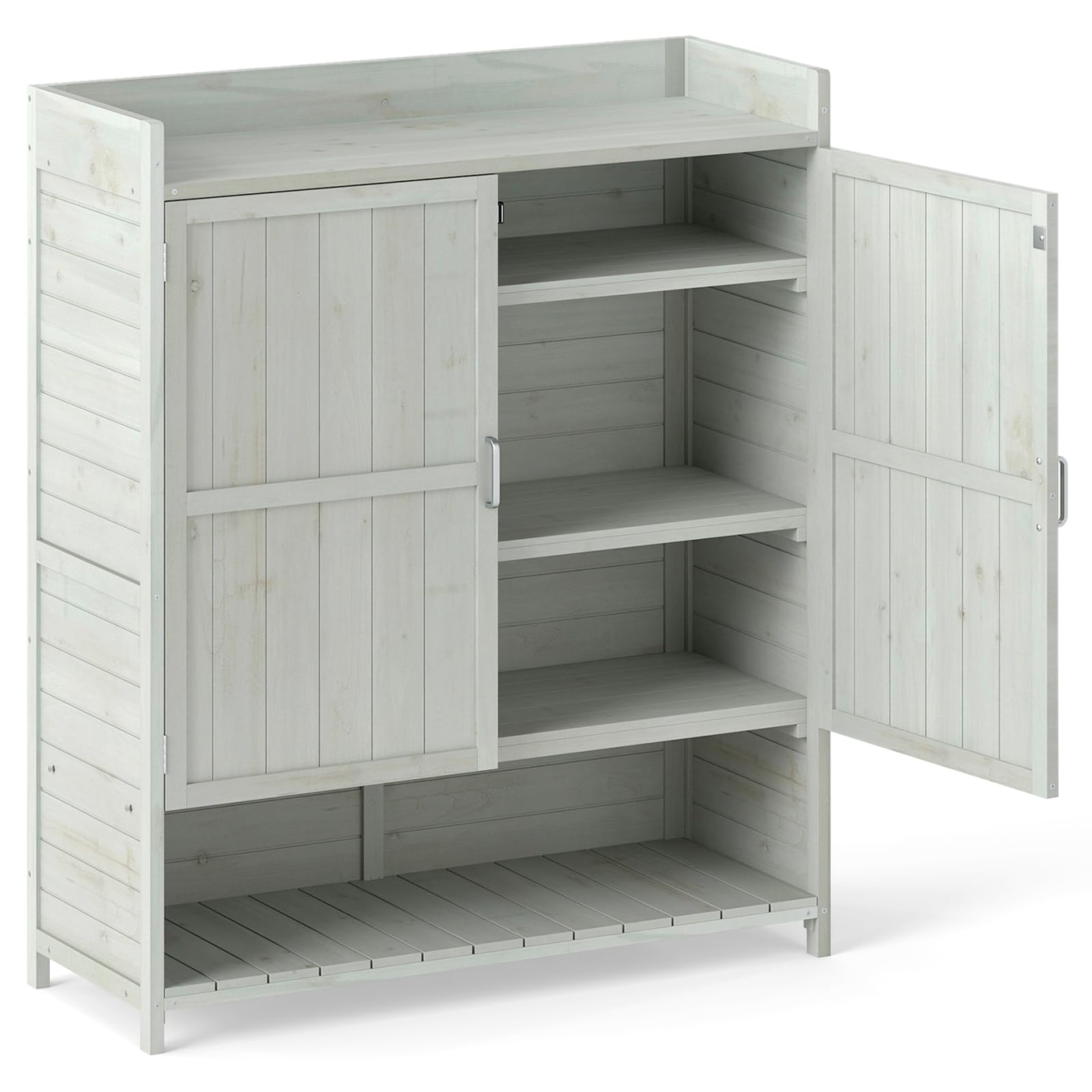 TANGZON Wooden Garden Shed, Outdoor Tool Storage Cabinet with 3 Removable Shelves, 2 Doors & Bottom Shelf, Tool Utility Gardening Shed Box Planting Workstation (Gray)