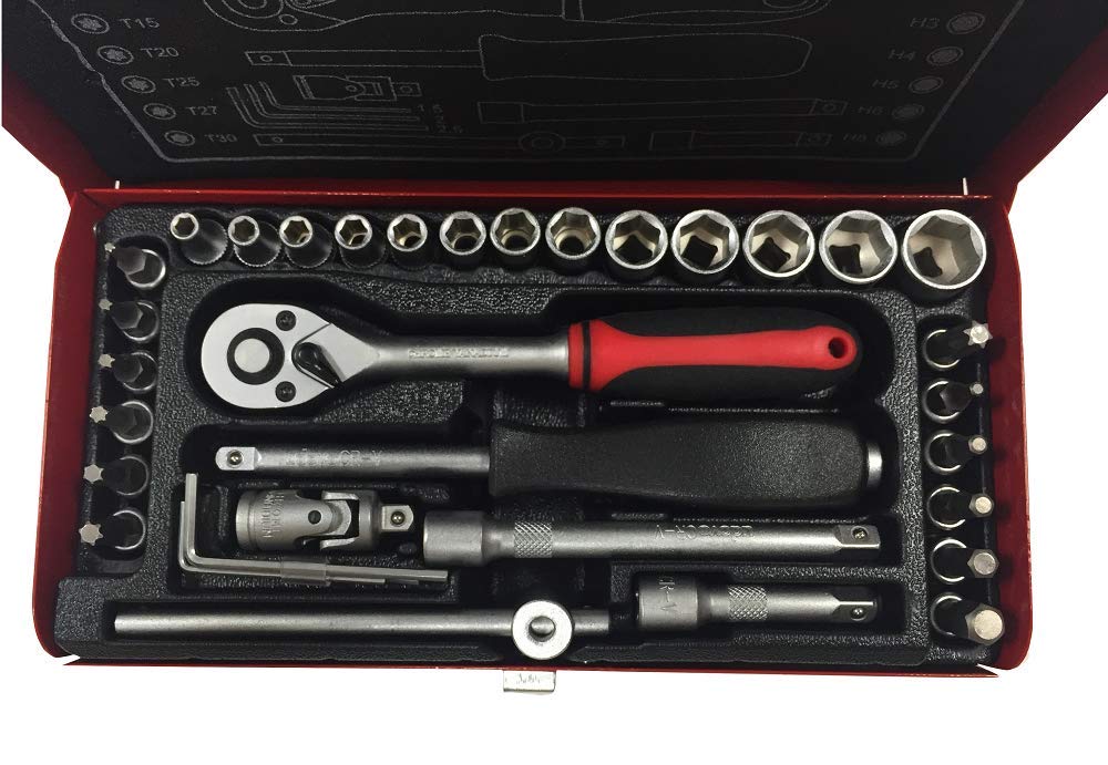 Coffret Outillage 1/4" 34 Pièces – Jeu de Douilles et Cliquet, Coffret à Outils Compact pour Réparation Auto, Moto, Vélo et Bricolage