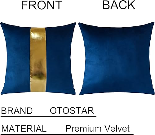 Miniatura 6 de Artscope Juego de 2 fundas de almohada de terciopelo azul marino con costuras de cuero dorado, fundas de cojín cuadradas modernas y minimalistas