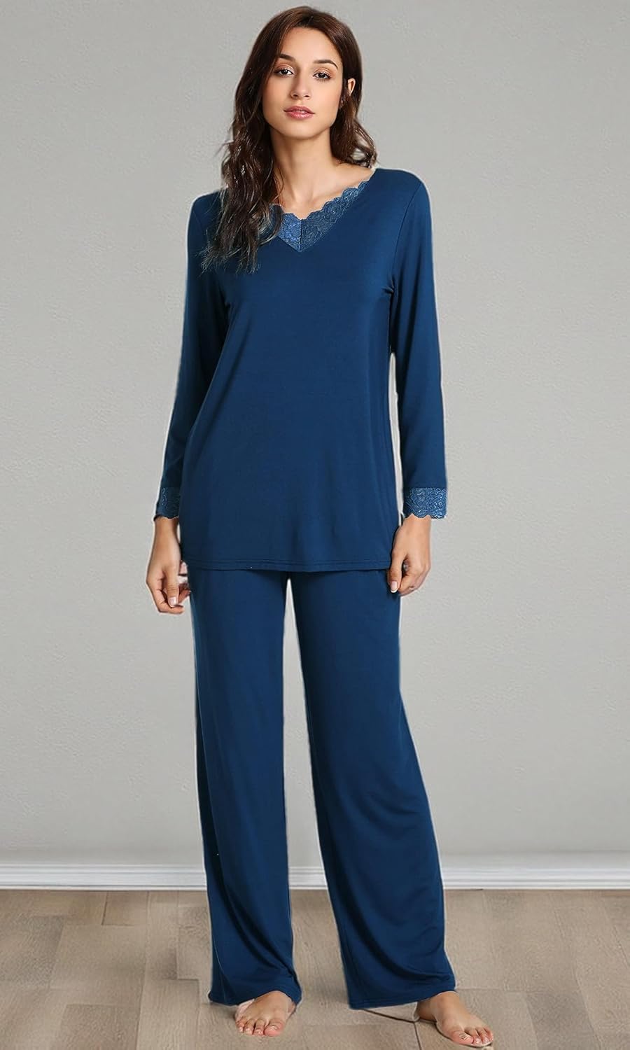 WiWi Bamboo Viscose Pajamas Sets for Women Lace Trim Long Sleeve Sleepwear Lounge Sets Plus Size Pjs with pockets S-4X - Image 8