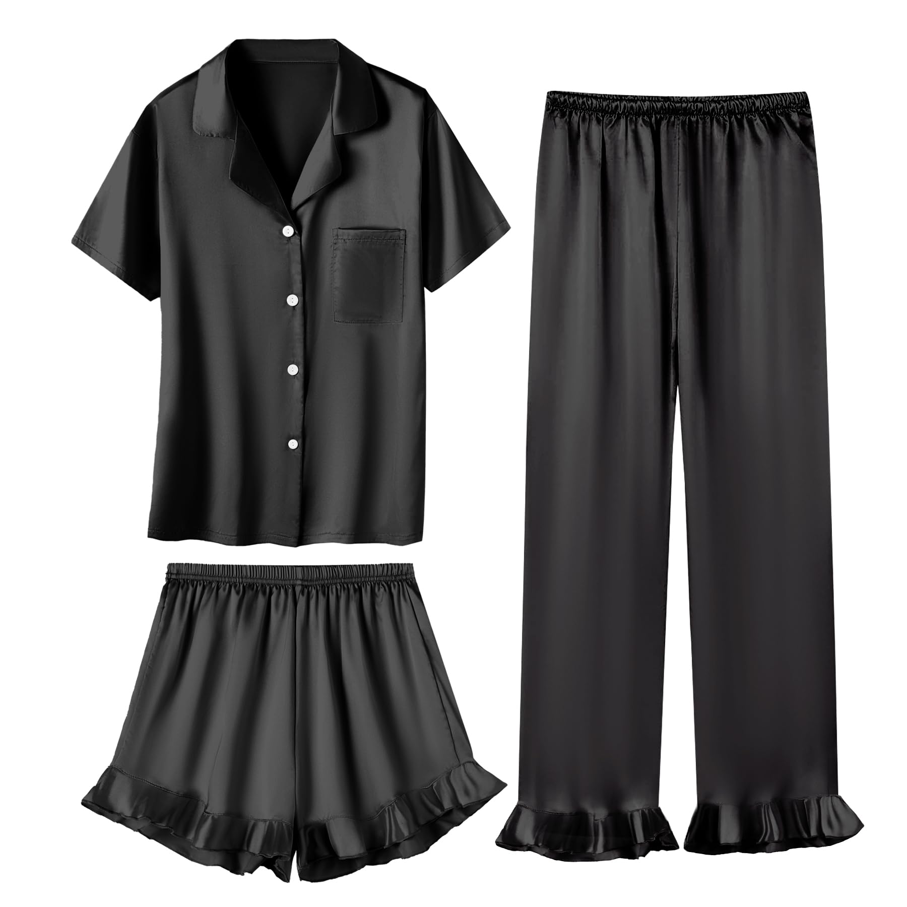 Umeyda Girls 3 Pieces Pajamas Sets Silk Satin Ruffle Sleepwear Short Sleeve Button-Down 3Pjs Nightwear, 5-14 Years