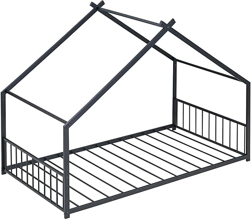 Miniatura 5 de Cama de plataforma de metal de tamaño individual con diseño de techo, marco de cama Montessori de acero resistente con cabecera y estribo para