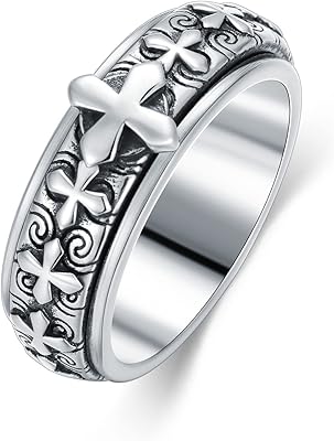 Flpruy Sterling Silver Spinner Fidget Rings for Anxiety for Women Men Daughter Teen Girls Anxiety Toys Relief Worry Stress Boredom ADHD Autism, Cross, Size 10