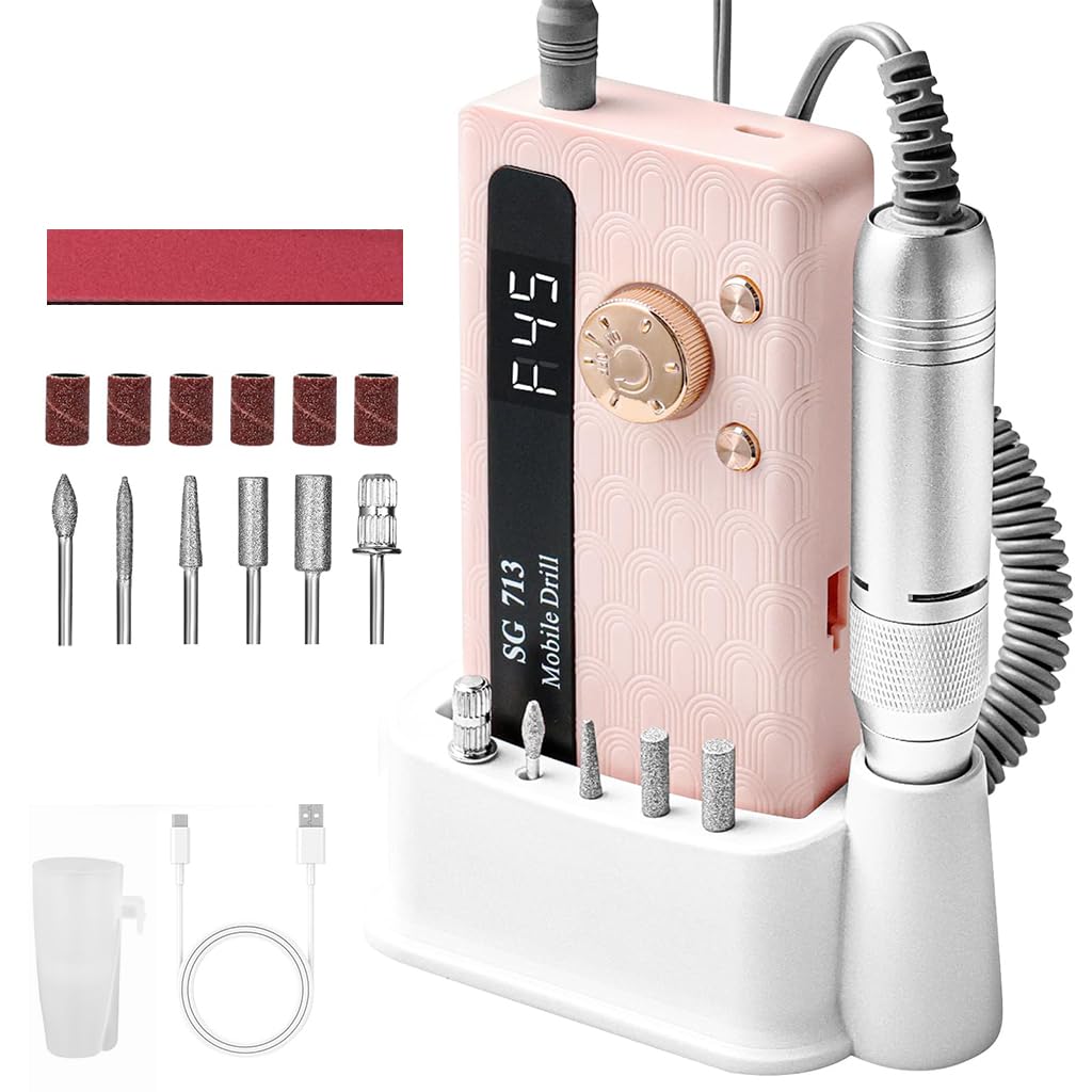 MAYCREATE® Cordless Nail Drill Kit, USB Rechargeable Handheld Nail Tools, Extendable Coil Cable, Adjustable Rotary with Drill Attachments, Sanding Bands of Multi Grits & Storage Stand-image-43
