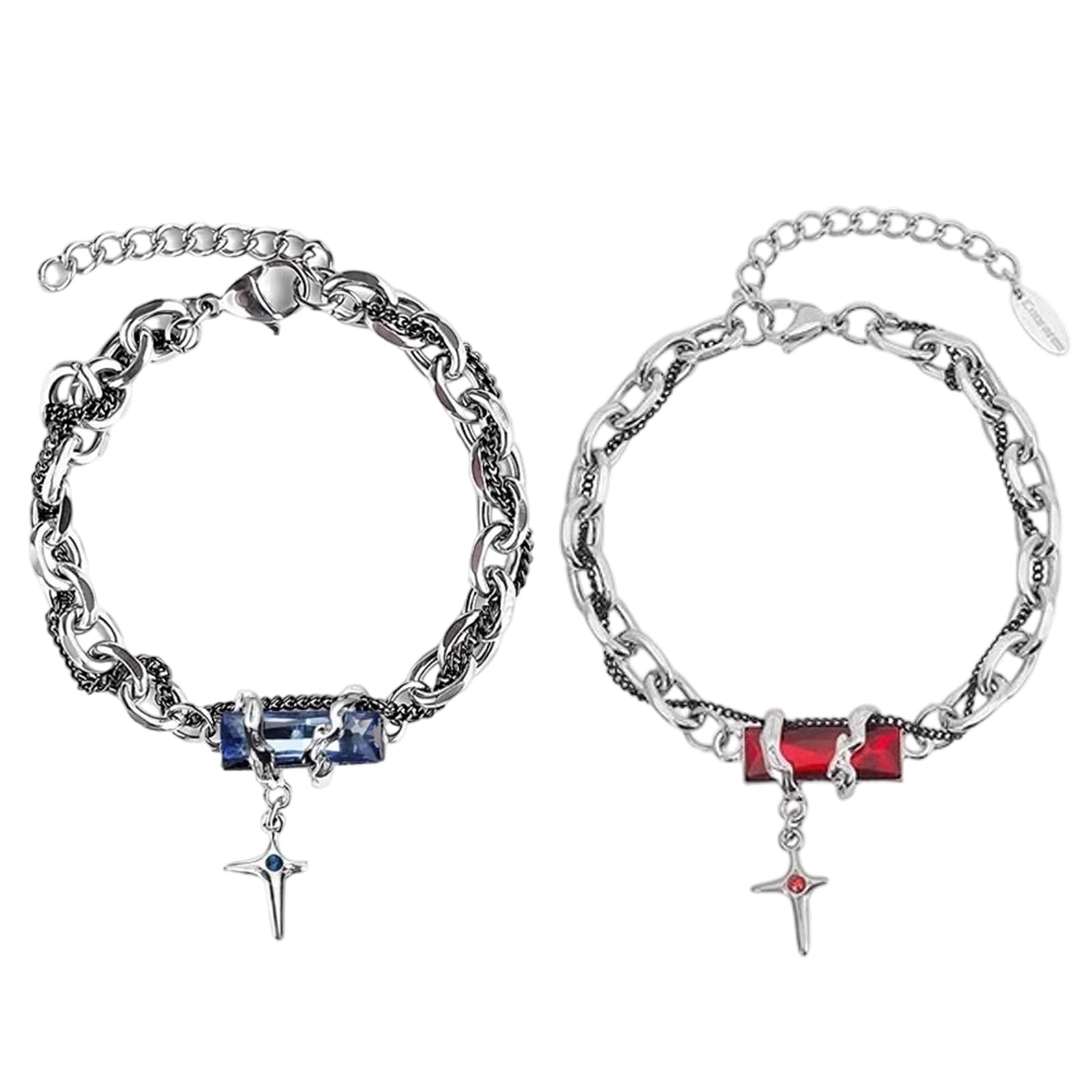 Gothic Jewellery, Mens Bracelet, Double Layered Silver Stainless Steel Byzantine Cuban Cross Chain Bracelet With Black Gemstone Charm Couple Jewelry