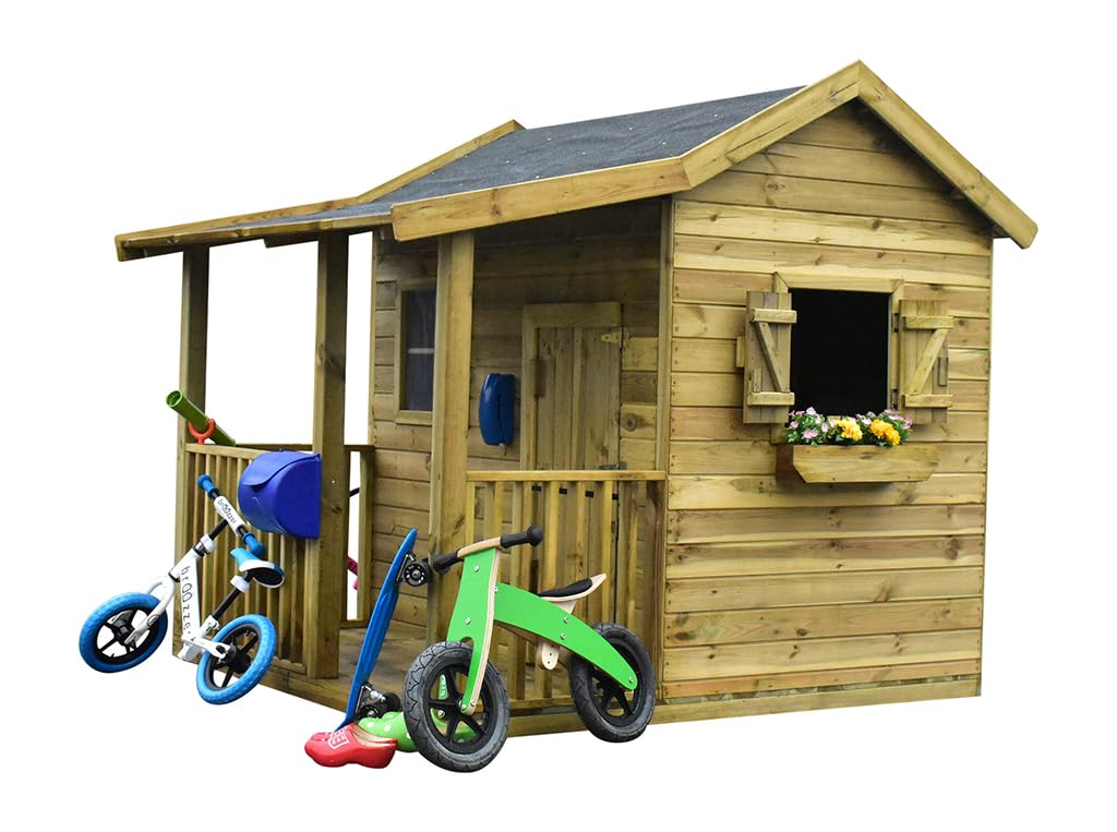 Spielhaus Saloon KDI | 169x183x178 cm | Kesseldruckimprägniert | Mit Veranda, Fußboden & 3 Fenstern | Inkl. Blumenkästen | Kinder Spielhaus