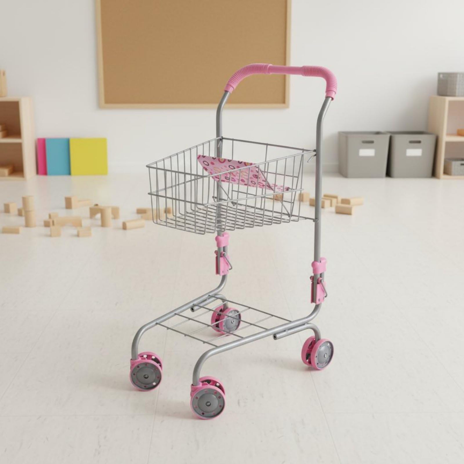 Spielzeug-Einkaufswagen aus Metall realistisches Design Mini-Supermarktwagen einfache Montage Puppen-Einkaufswagen mit Sitz für Kinderzimmer