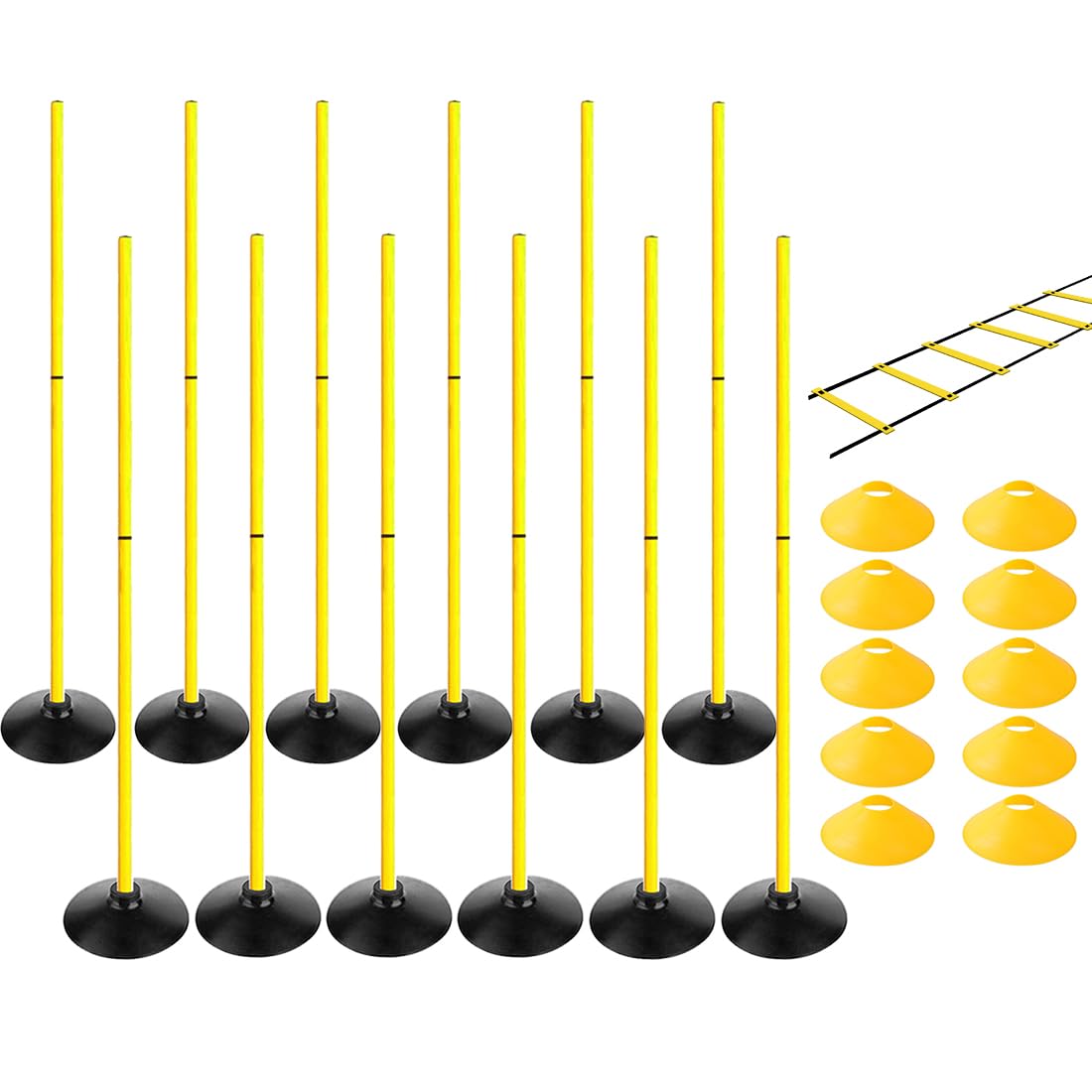 TNZMART Juego de bastones de entrenamiento de agilidad de 4.9 pies, palos de entrenamiento de fútbol desmontables, bastones de slalom con 10 conos de disco y escalera de velocidad