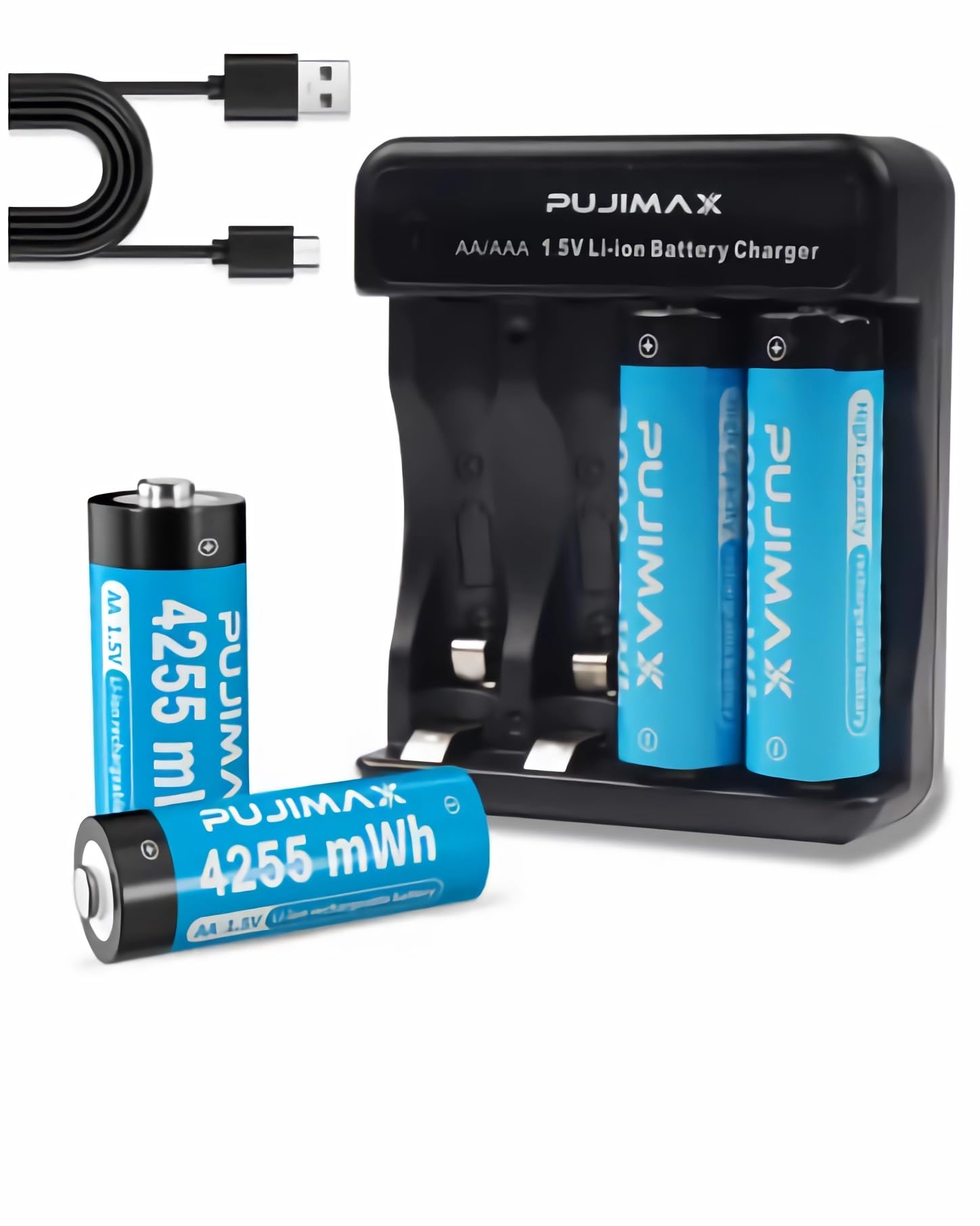 PUJIMAX Rechargeable AA Batteries Lithium with Charger,High Capacity 4255 mWh 1.5v Rechargeable Li-ion Double A Batteries for Blink Camera Smart Doorbell Smart Lock 4pack