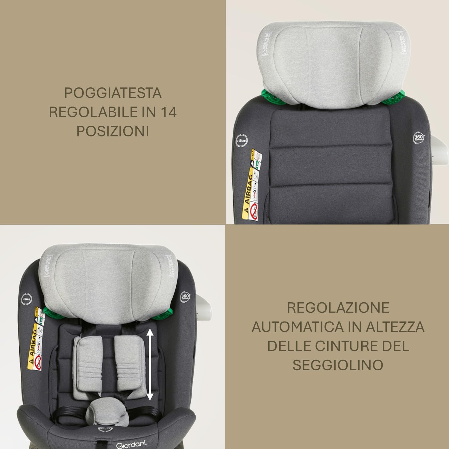 Giordani Crono Seggiolino Auto 40-150 cm i-Size, Base Girevole 360°, Connettori Isofix e Gamba di Supporto, 5 Posizioni dello schienale, Protezioni Laterali e Riduttore Neonato, Evolutivo 0-12 Anni