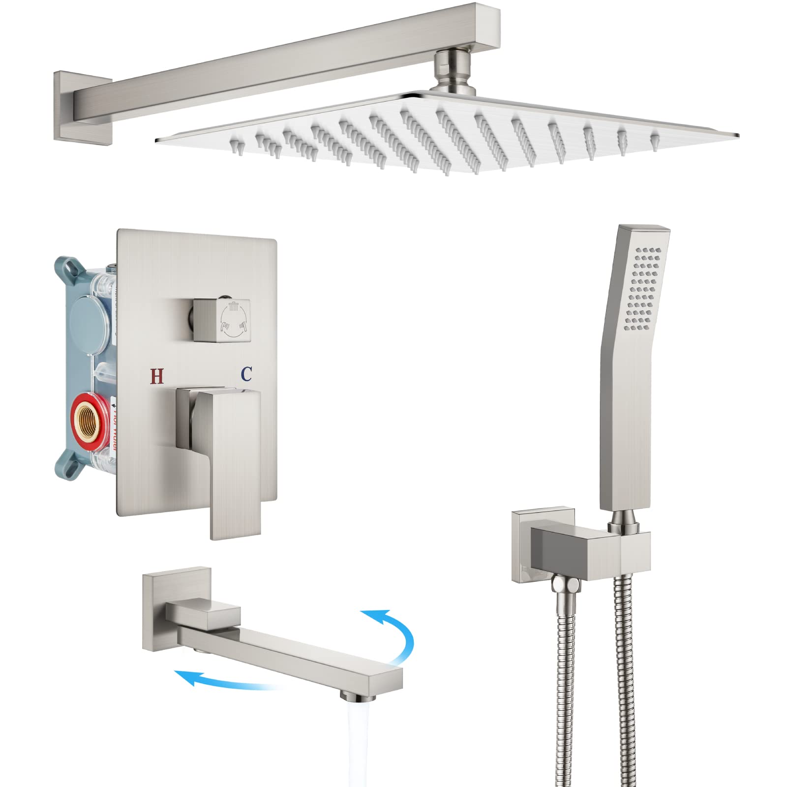 gotonovo Rainfall Tub Shower Faucet Set Bathroom Shower System with Tub Spout Wall Mount Square High Pressure Shower Fixtures with Handheld Sprayer Rough-In Valve 10'' Shower Head,Brushed Nickel