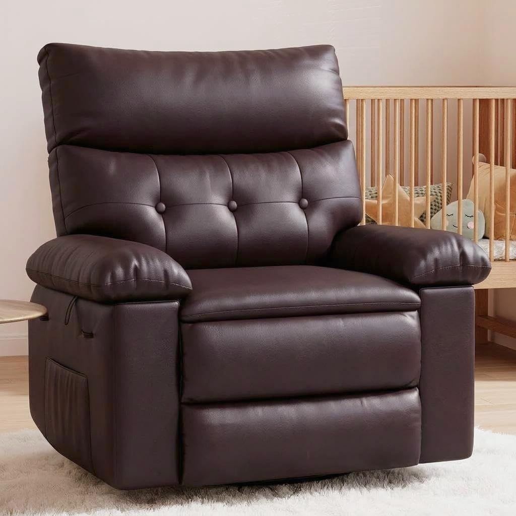 GarveeHome Oversized Leather Recliner Chair, Swivel Rocker Manual Recliner for Adults, Lazy Rocking Chair with Comfort Arms and Back Single Sofa for Living Room