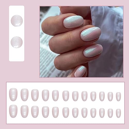 Miniatura 3 de 24 uñas postizas medianas a presión con forma de almendra, color blanco lechoso, cobertura completa, uñas adhesivas con diseños flash, uñas con