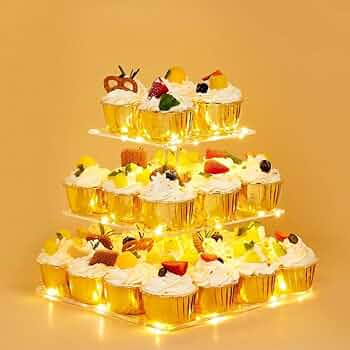 Présentoir à Cupcakes 5 étages ULFEME - Avec Guirlande LED Jaune - Ø 15 à 35cm - Pour Fêtes Et événements
