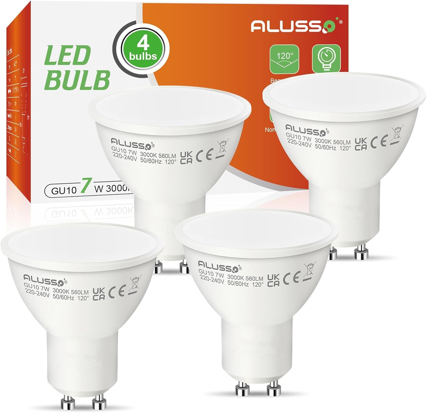 ALUSSO Pack of 4 GU10 LED Spot Light Bulb 3000K 7W 560LM Warm White
