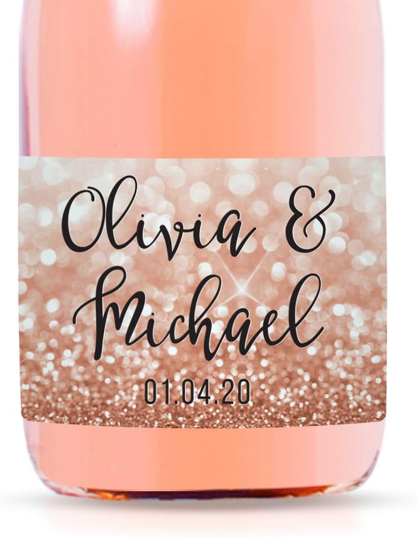 Andaz Press Personalized Wedding Mini Wine Labels For Bottles, Glitzy Rose Gold Glitter 20-Pack Bulk Waterproof Mini Wine Bottle Labels For Champagne Bottle Custom Mini Champagne Bottles Wedding Favor