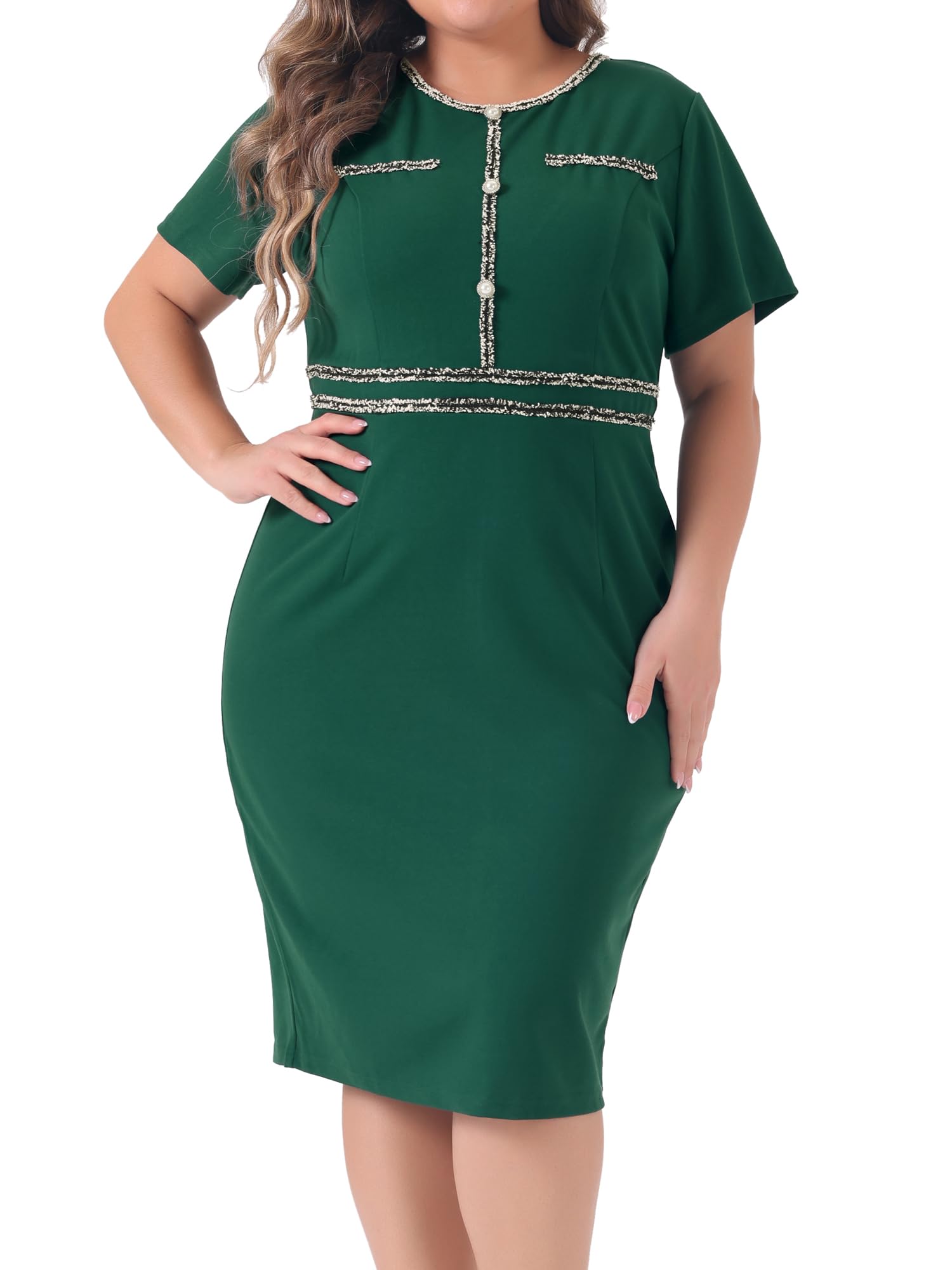 Agnes Orinda Plus Size Dresses for Women Button Crew Neck Vintage Wear to Work Office Party Bodycon Pencil