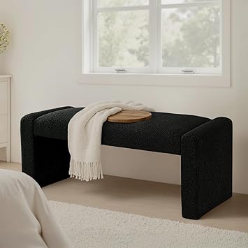 Black Entryway Bench with Solid Wood Frame, 47" Boucle Window Seat Upholstered End of Bed Bench for Bedroom Living Room