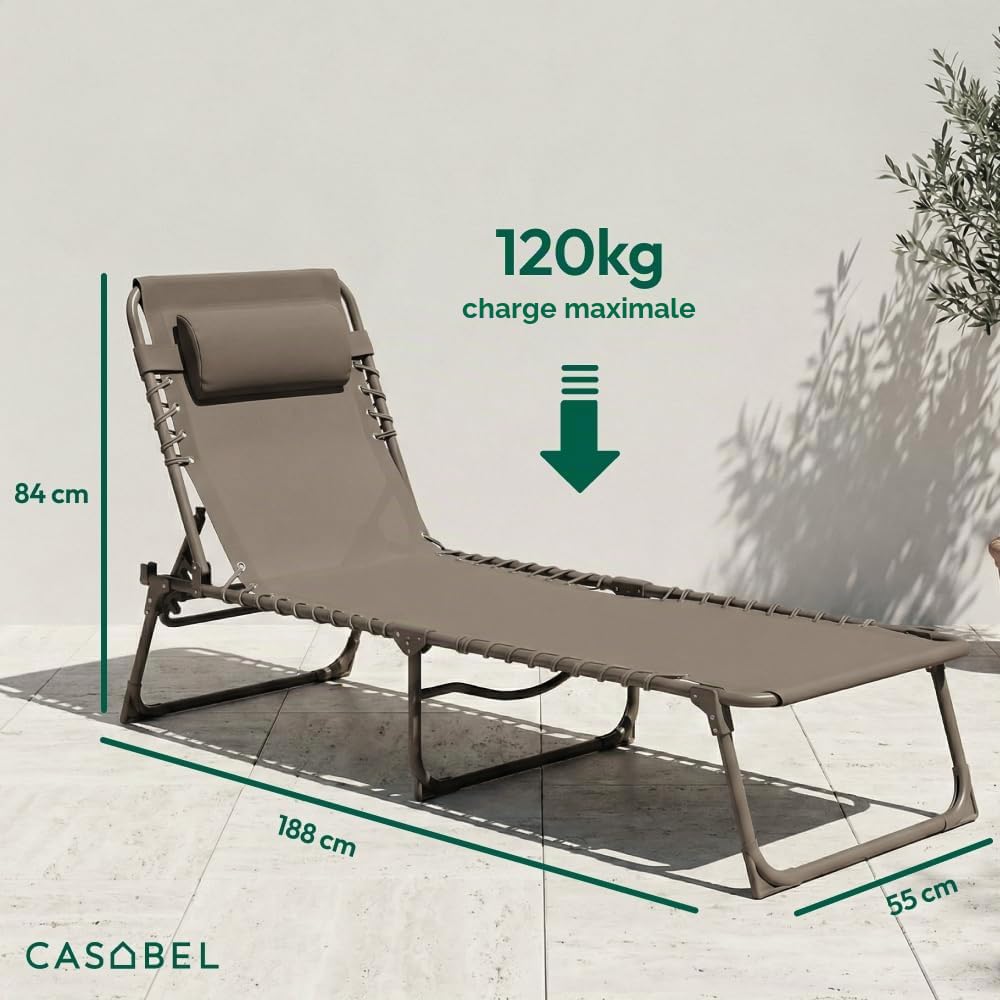 CASABEL Chaise Longue Pliante, Inclinable, Taupe | Coussin déperlant confortable, Dossier inclinable, Toile textilene respirante, Structure acier anti-rouille, Pliable, légère