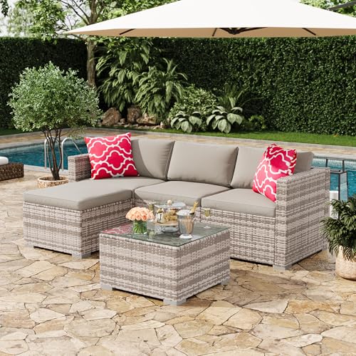 Image of GAOMON 5 Pieces Patio Furniture Sets All Weather Outdoor Sectional Patio Sofa Manual Weaving Wicker Rattan Patio Seating Sofas with Cushion and Glass Table