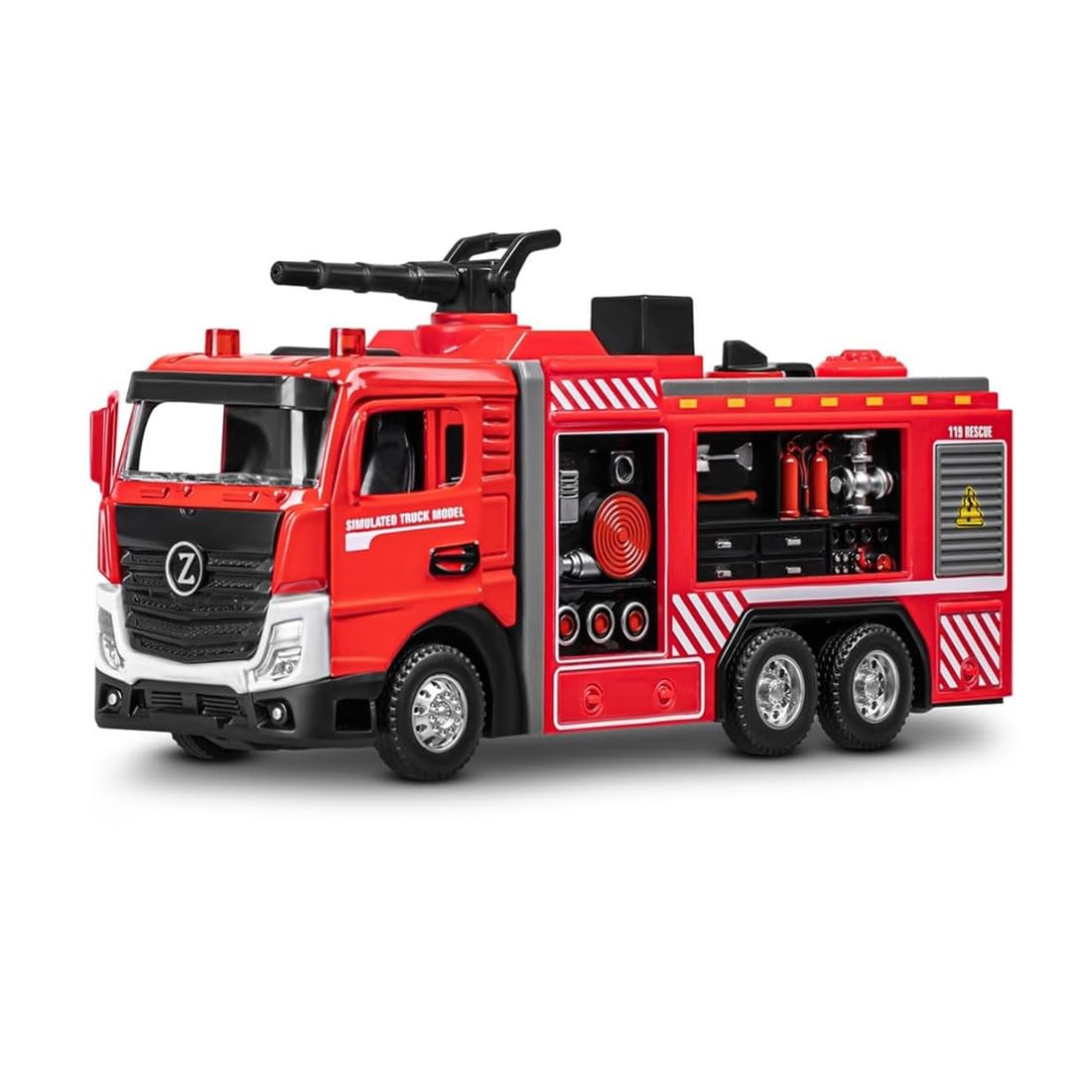 1:32 Scale Die-Cast Fire Rescue Ladder Truck with Lights & Siren Sound – Pull Back Alloy Metal Fire Engine Toy Car for Kids, Red (Water Cannon Truck)-image-42