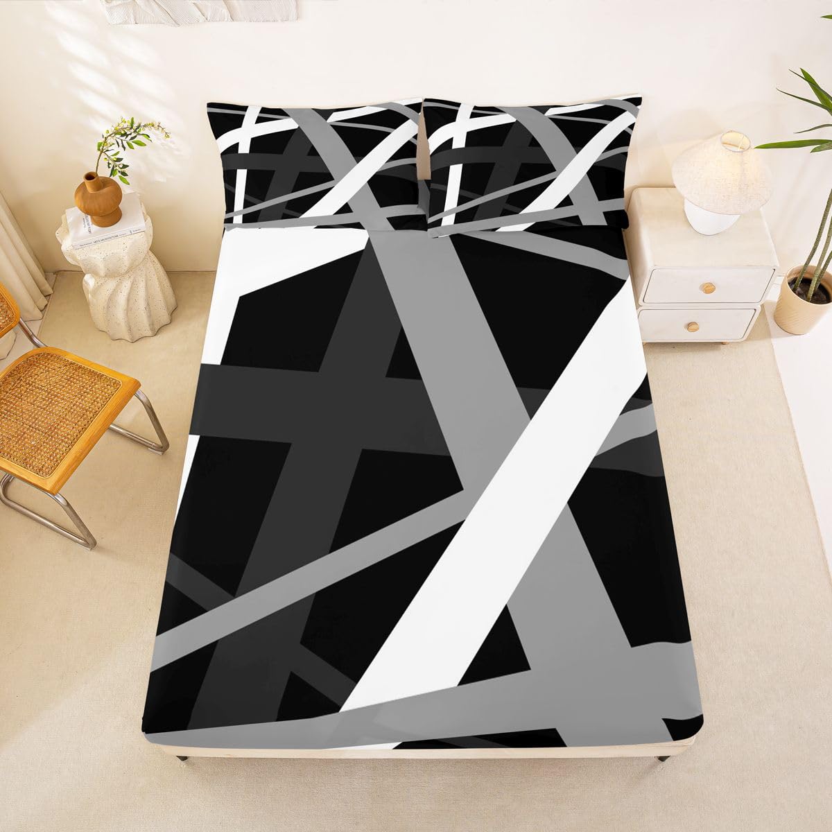 Manfei Juego de sábanas bajeras de líneas abstractas, tamaño King, juego de ropa de cama de rayas grises y negras, 3 piezas, sábanas decorativas retro con 2 fundas de almohada, decoración de