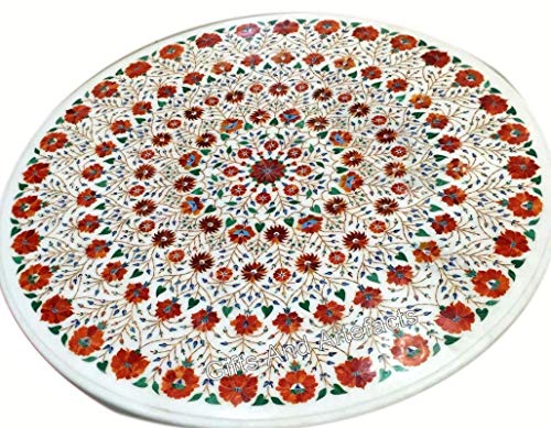 Gifts And Artefacts Mesa de conferencias de trabajo con incrustaciones de piedra cornalina de 54 x 54 pulgadas para oficina, mesa de comedor redonda de mármol blanco con aspecto lujoso