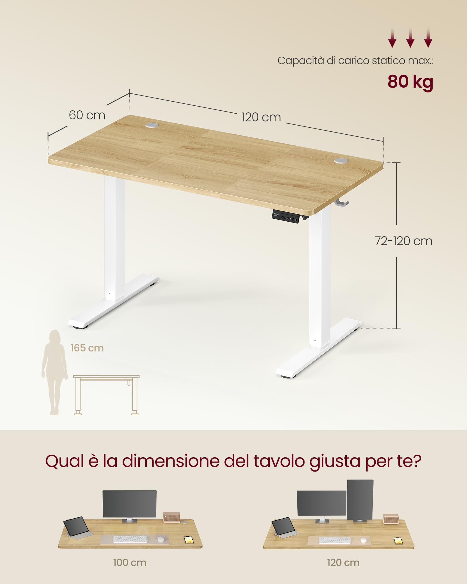 VASAGLE Scrivania Regolabile in Altezza Elettrica, Scrivania per Computer, Promemoria per Sedentarietà, Funzione Memoria con 4 Altezze, per Ufficio, 120 x 60 cm, Rovere Dorato LSD312YA03