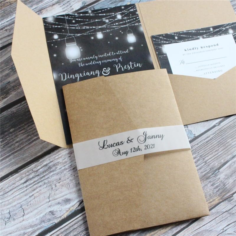 Craft Paper Wedding Invitation Card Pocket With Envelop For Marriage Bridal Shower Birthday 20 sets (kraft paper color)