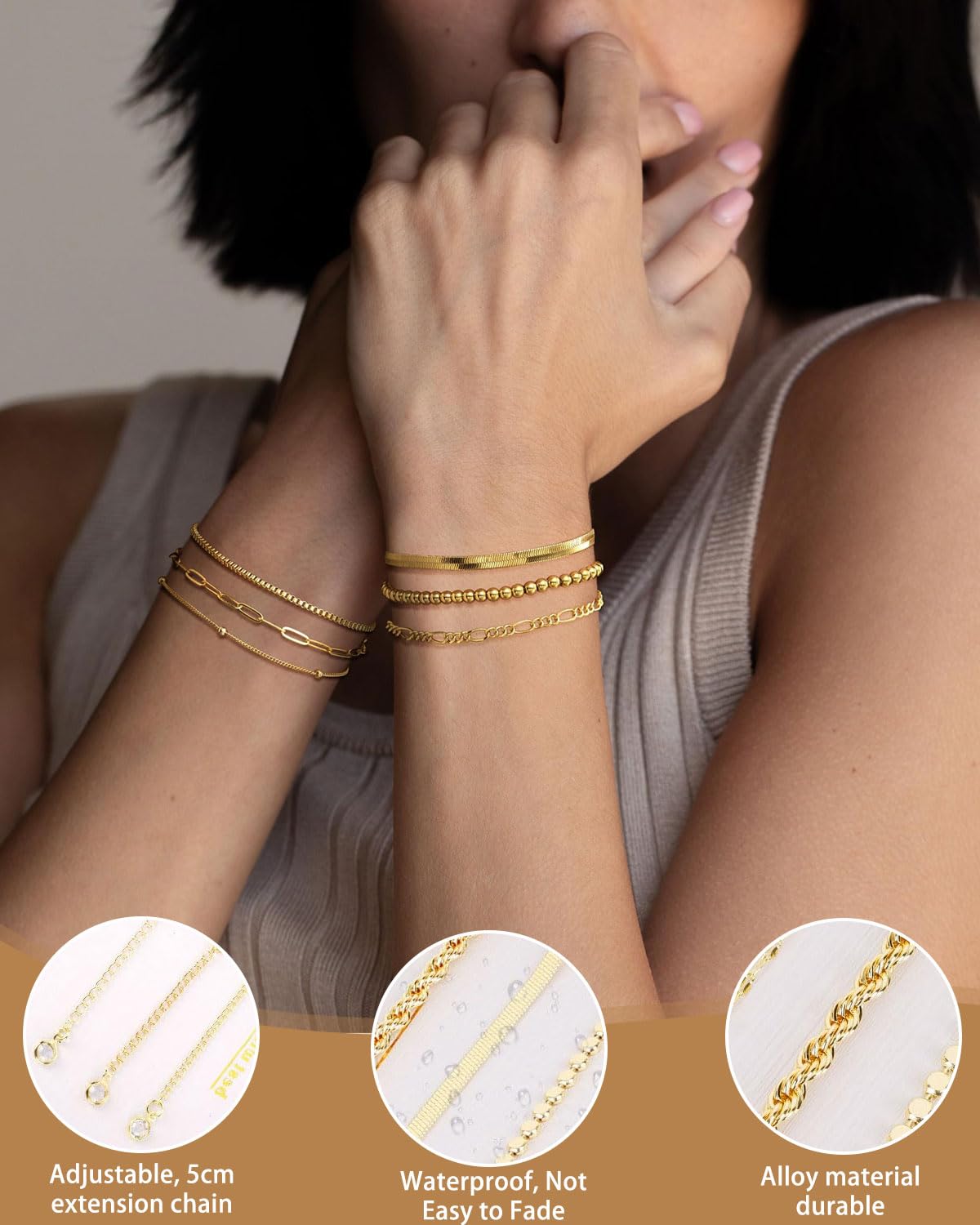 11pcs Delicado brazalete para mujer, Pulsera Mujer Acero Inoxidable Pulseras en Oro de Cadena de Serpiente Pulsera Ajustable Apilables Pulseras para Mujer, Simple y Filigrana, Oro — view 3