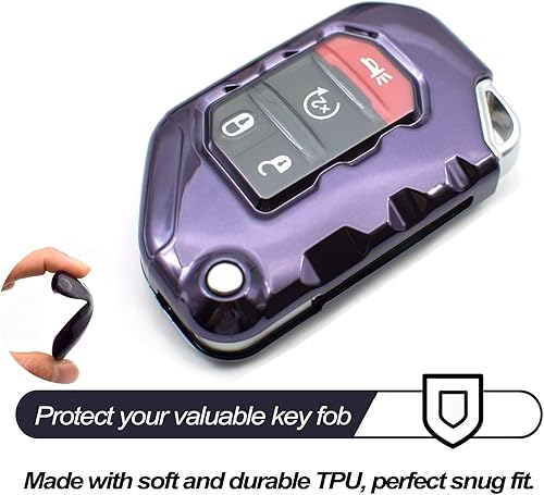 Miniatura 3 de MECHCOS Compatible con Jeep Wrangler JL JLU Rubicon Wagoneer Gladiator JT Sahara JLU Púrpura Negro TPU Flip Key Fob Funda Funda Soporte Remoto Funda