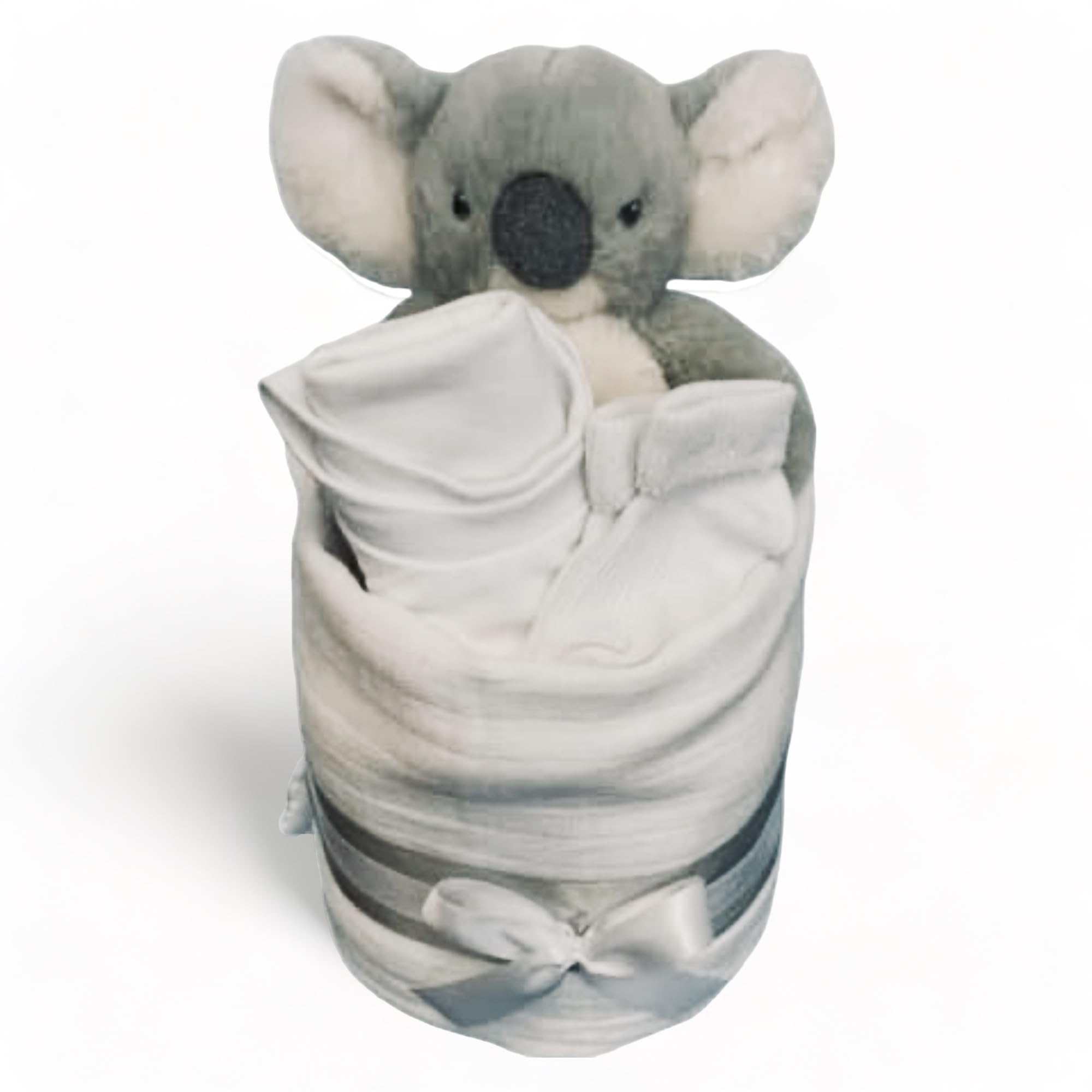 Koala Gâteau de Couches Unisexe Cadeau de Bébé Neutre Mousseline Carré Wrap 9 Couches Bavoir Chaussettes Peluche Gris