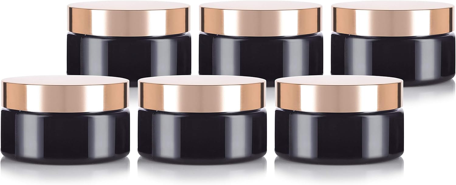 JUVITUS Black PET Plastic (BPA Free) Refillable Low Profile Jar with Gold Metal Overshell Lid- 8 oz (6 Pack)
