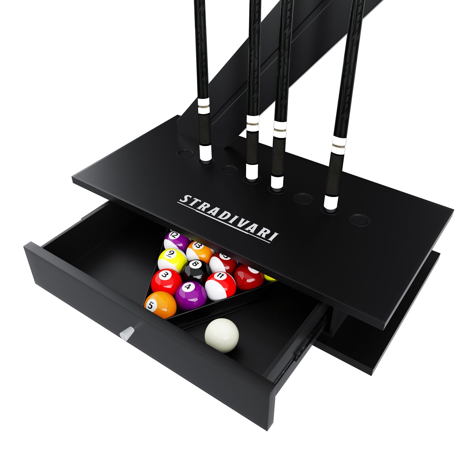 Stradivari Billard Queueständer Zorro im modernen Design | Stabiler, Standfester Ständer für 8 Queues, Kreide, Zubehör | Aus Furnier u. Edelstahl | 70x80x40 cm | Markenqualität