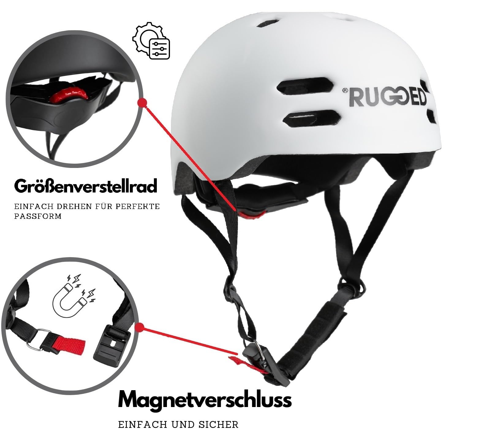 Rugged Leichter Inmold Helm I Grössenverstellbar I Magnetverschluss I belüftet für Stunt-Scooter I Skateboard I Inlineskates I Fahrrad I BMX I Dirt I E-Scooter