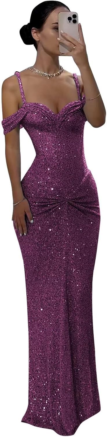 Sequin Prom Dresses Long Spaghetti Straps Off the Shoulder Mermaid Formal Ball Gown