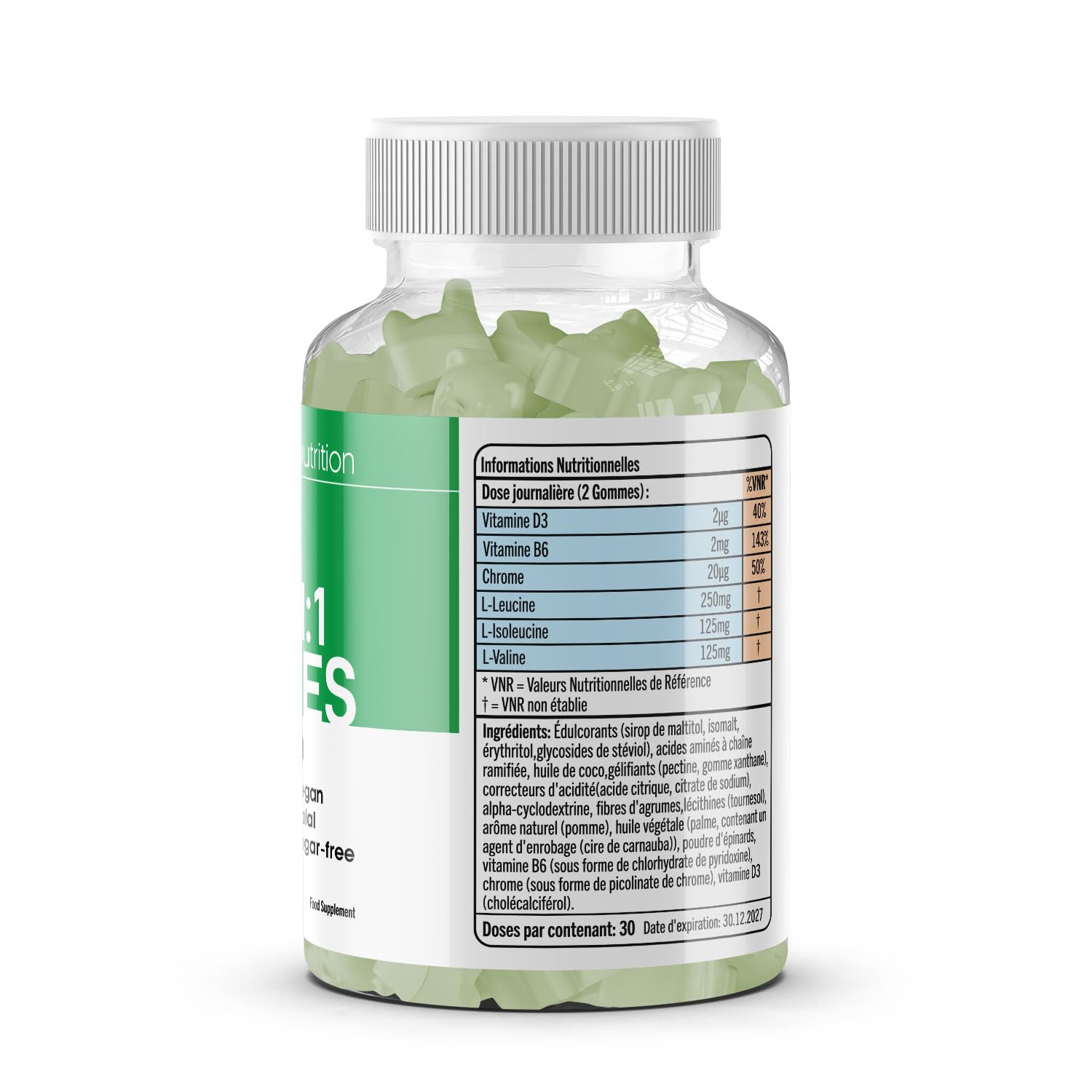 GN BCAA Gummies | 60 Gommes Acides Amines BCAA - 1000 mg Acide Aminé ramifié par portion - Complément L-Leucine L-Isoleucine L-Valine | Saveur pomme | Sans OGM Convient aux Végétaliens et Végétariens