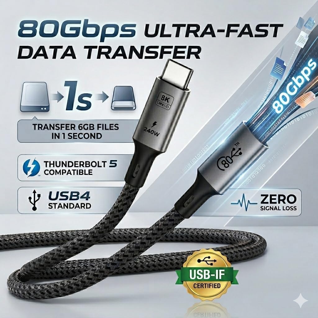 BRENDAZ Cavo USB C a USB C, 80 Gbps per cavo Thunderbolt 5, 240 W, USB 4.0, video 8K [certificato USB-IF], ricarica rapida, compatibile con MacBook, iPhone 17, Mac mini, confezione da 5