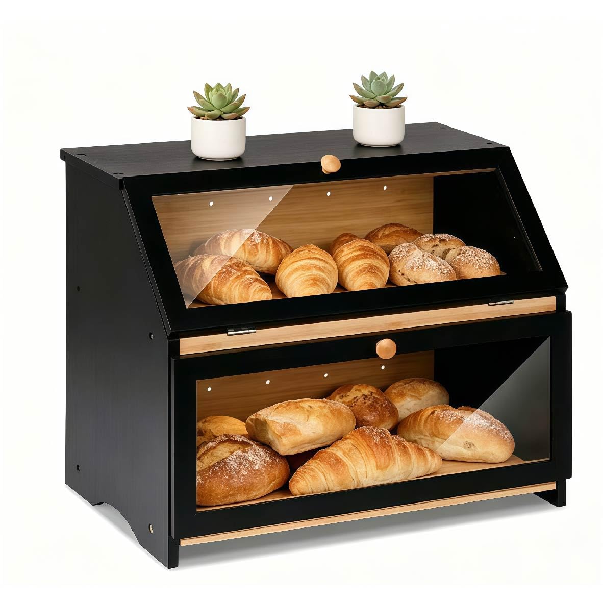 MEETOZ 2-lagiger Bambus-Brotkasten, große Kapazität, Brotaufbewahrungsbehälter mit klarem Acrylfenster, schwarze Brotkörbe für Küche, für selbstgemachtes Brot, Desserts, Gewürzflaschen, Flaschen