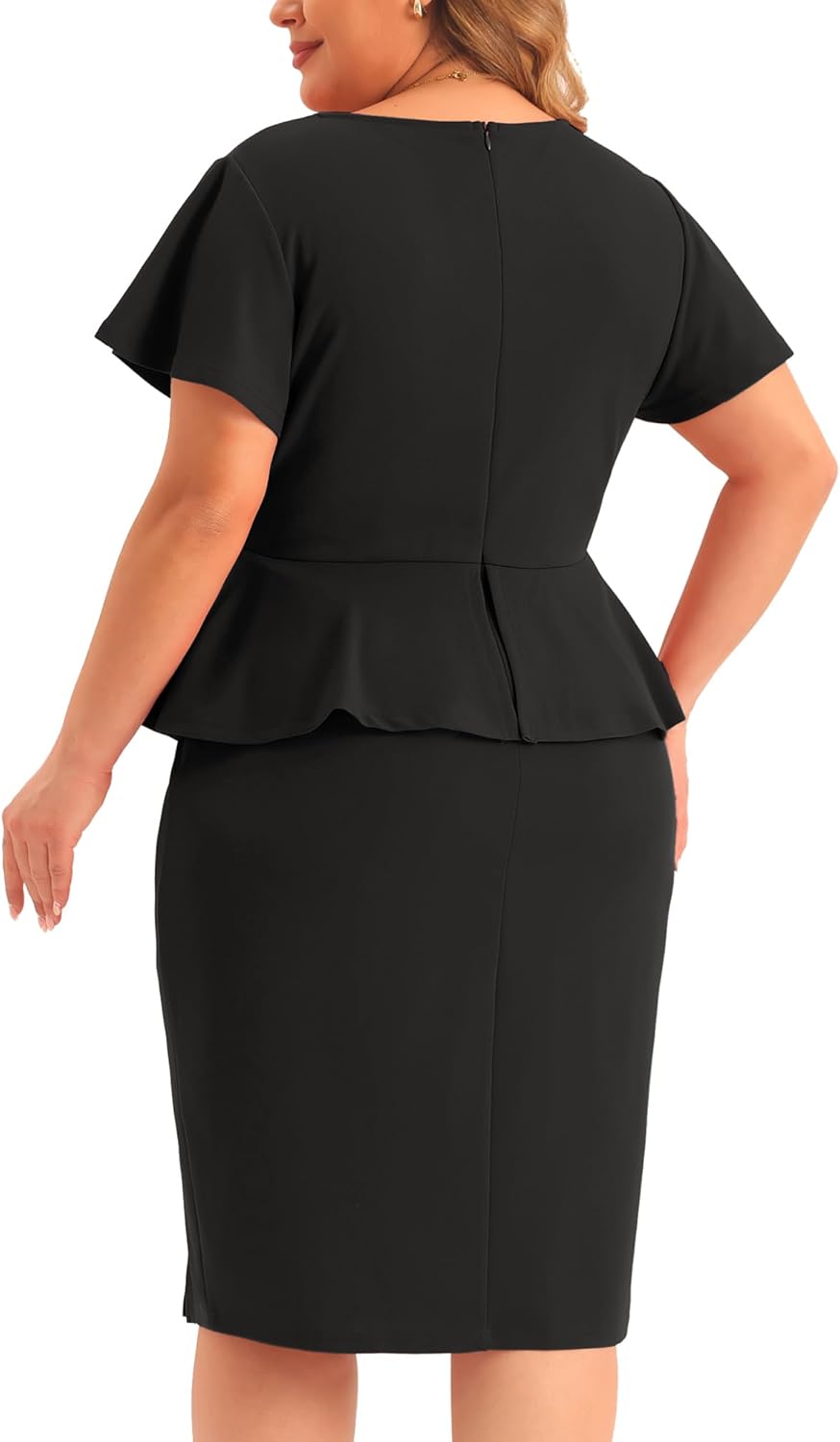 Agnes Orinda Plus Size Work Dress for Women V Neck Short Sleeve Ruffle Church Business Peplum Pencil Dresses