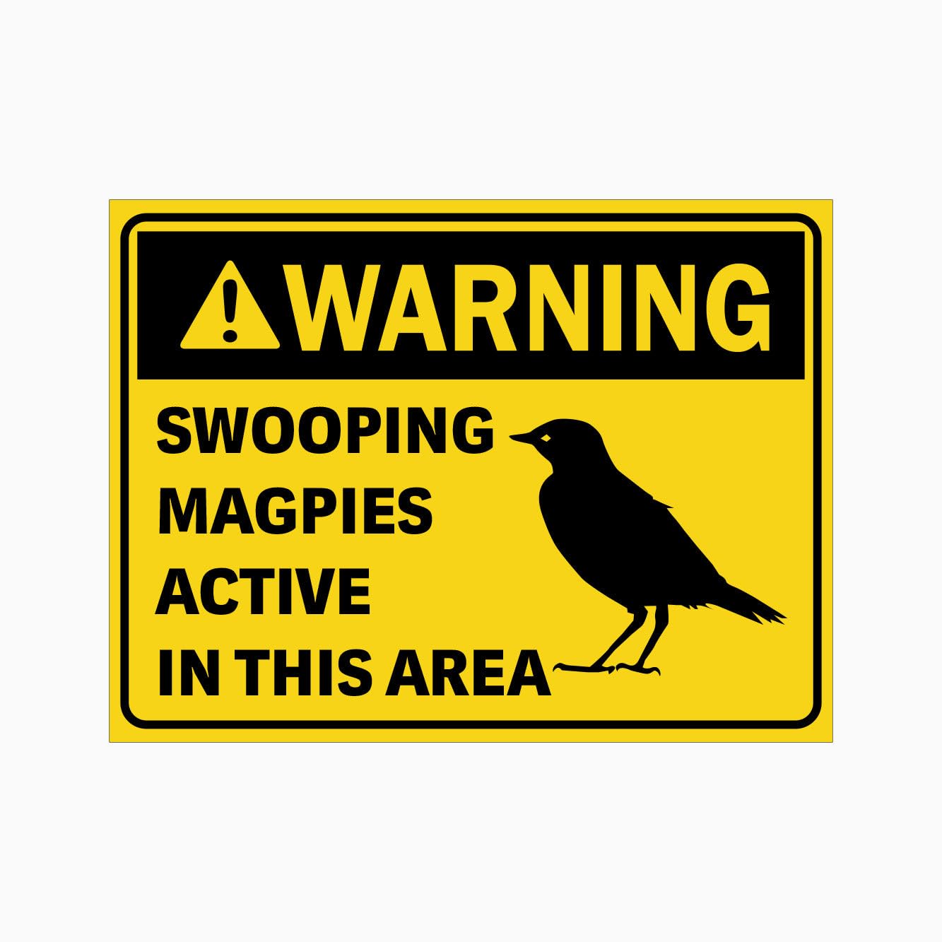 WARNING SWOOPING MAGPIES ACTIVE IN THIS AREA Sign, 12x8 Metal Tin Sign, Beware of swooping magpies.