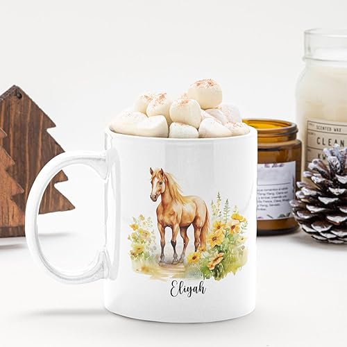 Miniatura 2 de Tazas de café personalizadas con diseño de caballo de pie sobre hermosas flores para amantes de los caballos, taza personalizada con nombre para